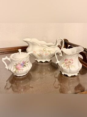 Vintage Porcelain Floral Creamer, Sugar & Gravy boat set. Johnson & Bros England